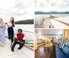 A white pleasure boat with people on deck is cruising on the water with a backdrop of pine trees and a cloudy sky