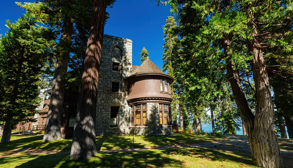 The image shows a large stone mansion with a distinctive turret surrounded by tall evergreen trees under a clear blue sky