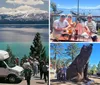 A tour bus with the label Discover Lake Tahoe is parked overlooking the picturesque blue waters of Lake Tahoe with snow-capped mountains in the distance