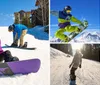 A snowboarder in colorful winter gear is performing a trick on a sunny mountain slope with clear blue skies in the background