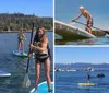 Four people are paddleboarding on a calm lake with a backdrop of a lakeside community and forested hills