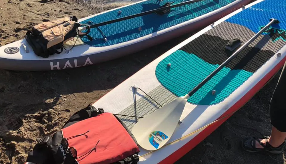 Two stand-up paddleboards and a paddle lie on the beach suggesting preparations for a water activity