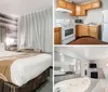 A modern hotel room with two double beds featuring a rustic wood plank accent wall and soft natural lighting from the window