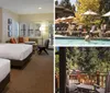 The image shows a neatly arranged hotel room with modern furnishings and a large window offering a stunning view of snow-capped mountains and a pine forest