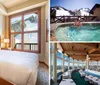 The image shows a cozy bedroom with a large bed wooden furniture and a window offering a view of snowy mountains