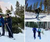 Four individuals are posing with smiles and trekking poles on a snow-covered slope during what appears to be a winter hiking excursion