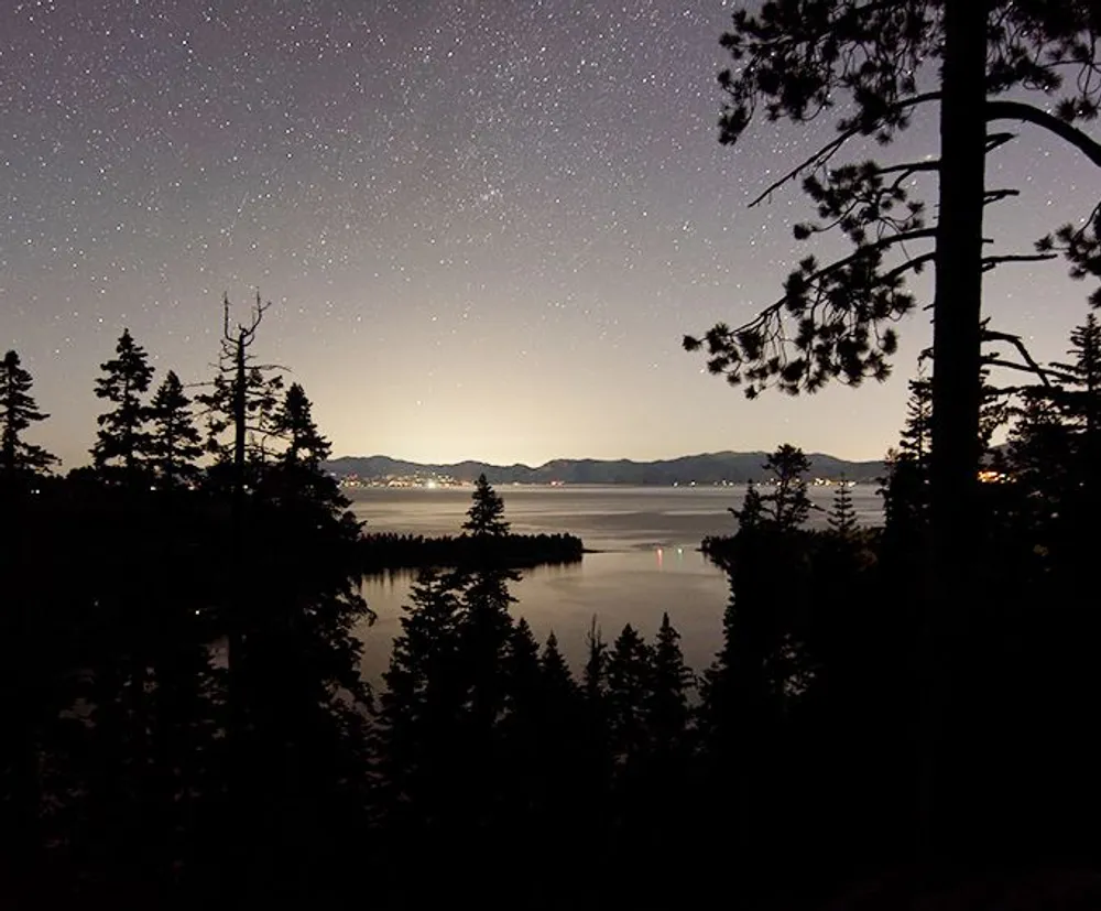 A starry night sky overlooks a tranquil lake surrounded by silhouetted pine trees