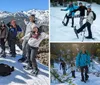 Three hikers are trekking through a snowy forest with the lead hiker smiling at the camera