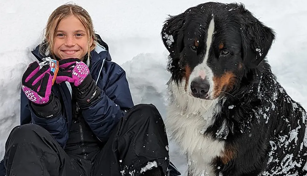 A smiling child in a winter jacket sits in the snow next to a snow-covered Bernese Mountain Dog both appearing happy and cozy despite the cold surroundings