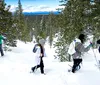 A person is captured mid-jump with a joyful expression against a clear blue sky backdrop with snow scattering from their boots