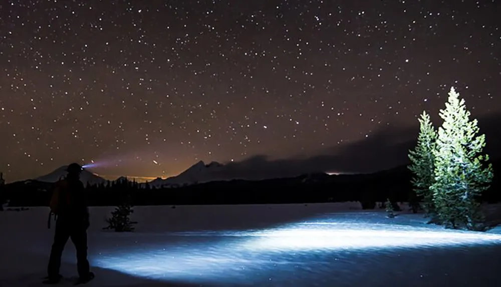 A person stands in a snowy landscape at night illuminated by a headlamp with a starry sky above and a lone tree brightly lit on the side