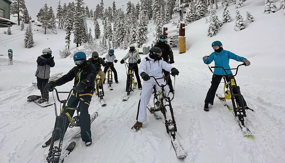 A group of people wearing winter sports gear is standing on snow bikes at a snowy mountain resort