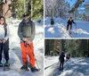 Two people are snowshoeing through a picturesque snowy forest under a clear blue sky