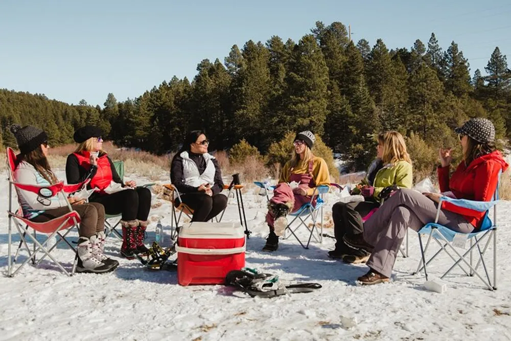 A group of people are sitting on portable chairs in the snow enjoying a conversation with a cooler nearby in a sunny forested environment