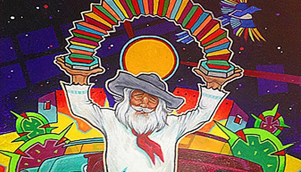 The image features a vibrantly colored illustration of a man with a white beard wearing a wide-brimmed hat lifting up a stylized colorful sequence of shapes with a sun and rainbow motif set against a starry patchwork background