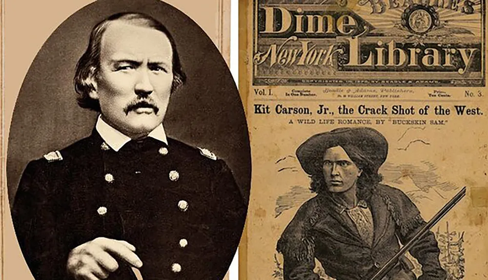 The image shows a side-by-side comparison of a historical portrait of a man in a military uniform on the left and a vintage illustrated book cover titled Dime New York Library featuring a character named Kit Carson Jr the Crack Shot of the West on the right