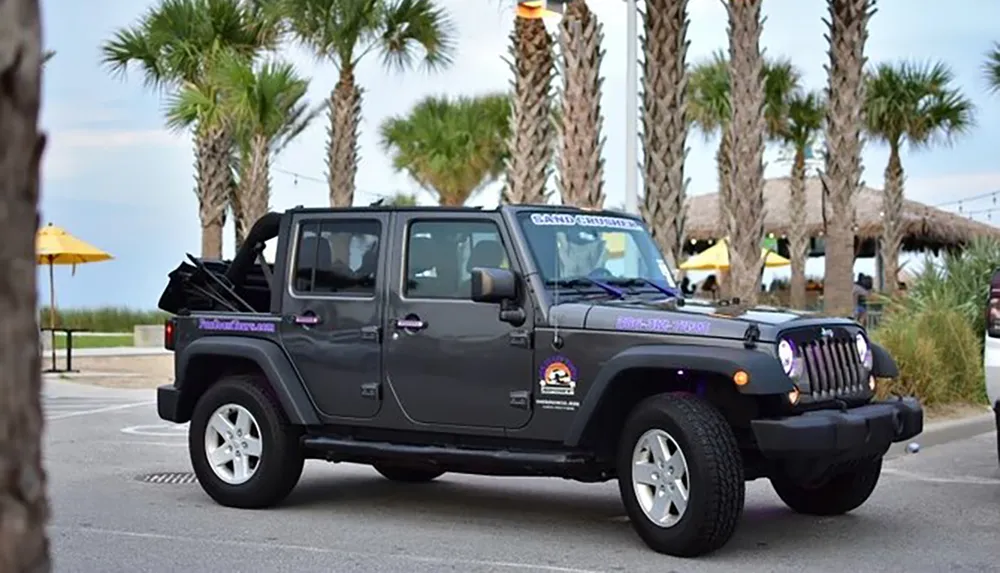 A black Jeep with decals parked near a beach with palm trees in the background