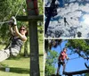 A person is enjoying a zipline adventure in a lush green park