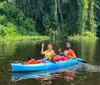 Three people are enjoying a sunny day out kayaking together on a calm body of water