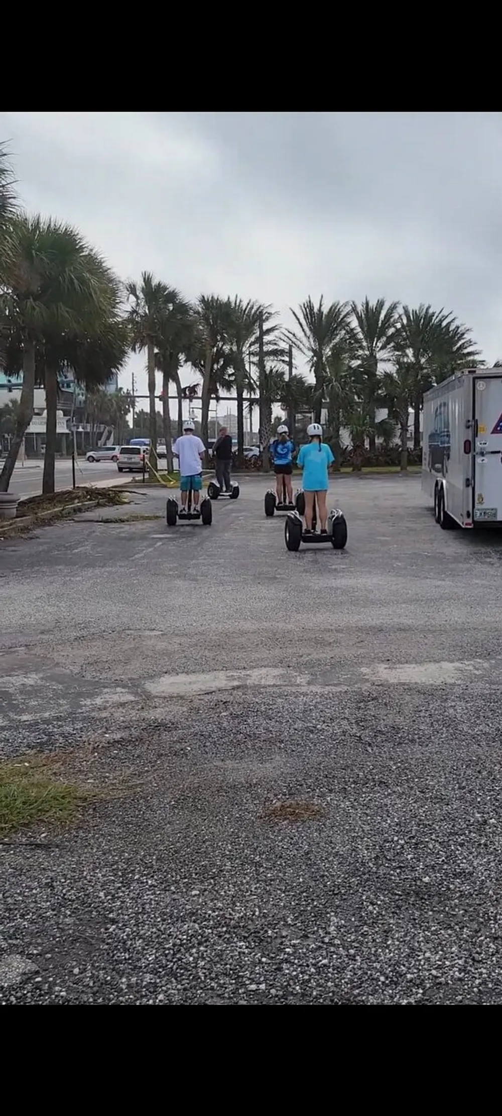 A group of people is riding Segways along a palm-lined street under an overcast sky