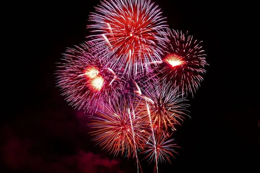A vibrant display of red and white fireworks blooms against a dark night sky