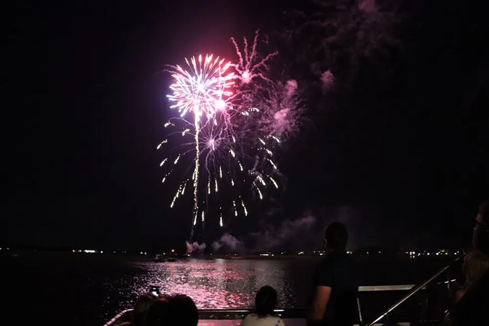 Spectators are enjoying a fireworks display over a body of water at night