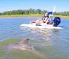 A dolphin is swimming close to a small motorboat with two individuals on board in a calm waterway surrounded by greenery
