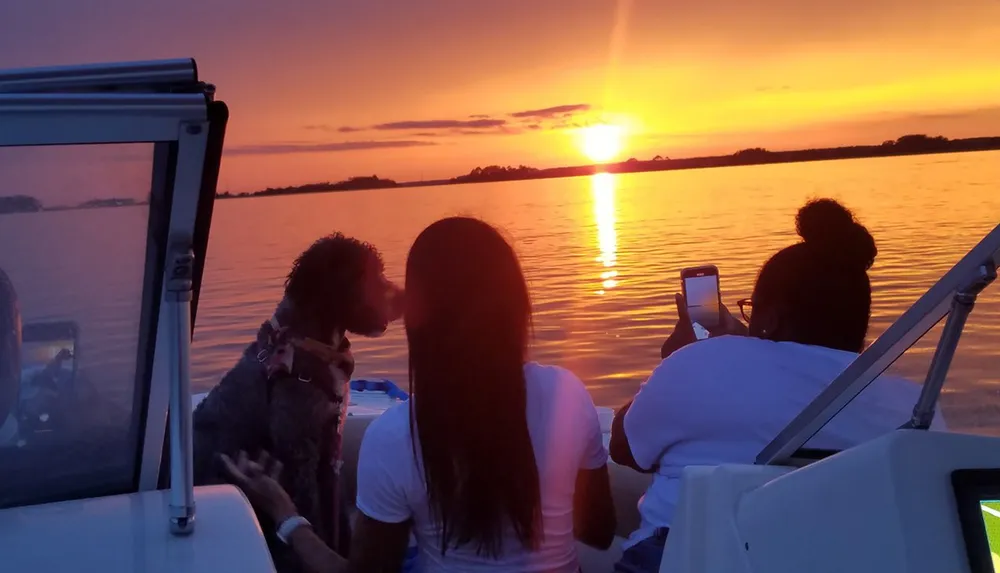 A group of people and a dog are enjoying a beautiful sunset from a boat on the water