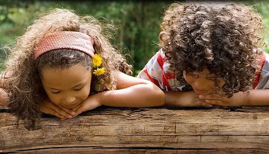 Two children with curly hair are resting their heads on their arms atop a wooden log, looking serene amidst nature.