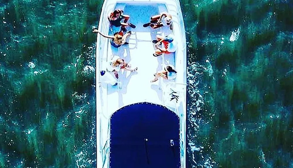 An overhead view of a group of people enjoying their time on a white boat over clear blue waters