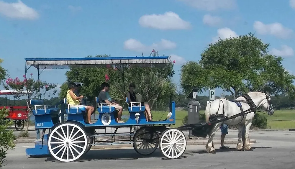A horse is pulling a blue and white carriage with a canopy carrying three passengers on a sunny day