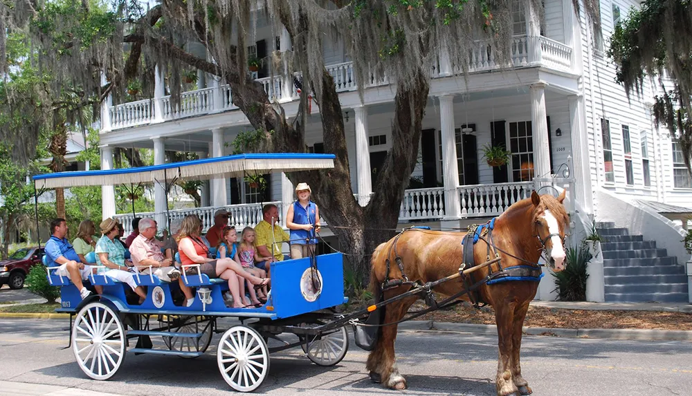 A horse-drawn carriage filled with tourists is guided by a driver past a historic house draped with Spanish moss on a sunny day