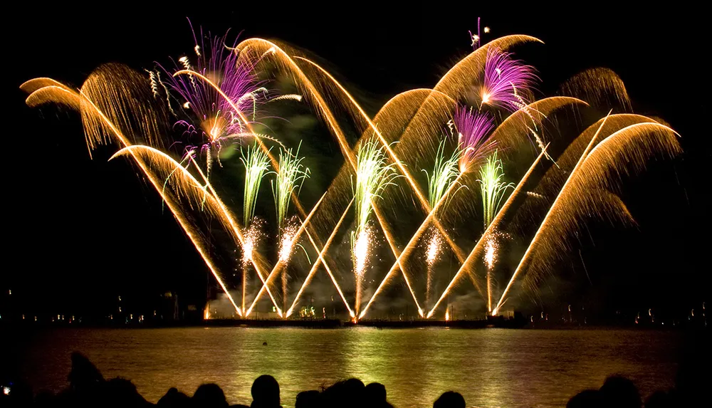 The image captures a vibrant fireworks display above a body of water with silhouettes of spectators in the foreground