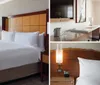 The image shows a tidy and modern hotel room with a large bed minimalist furniture and a balcony overlooking the ocean