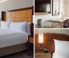 The image shows a tidy and modern hotel room with a large bed minimalist furniture and a balcony overlooking the ocean