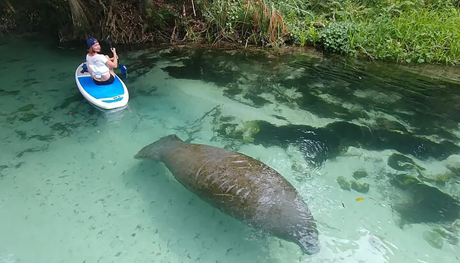 A person on a paddleboard is looking down at a large manatee swimming in clear, shallow waters.