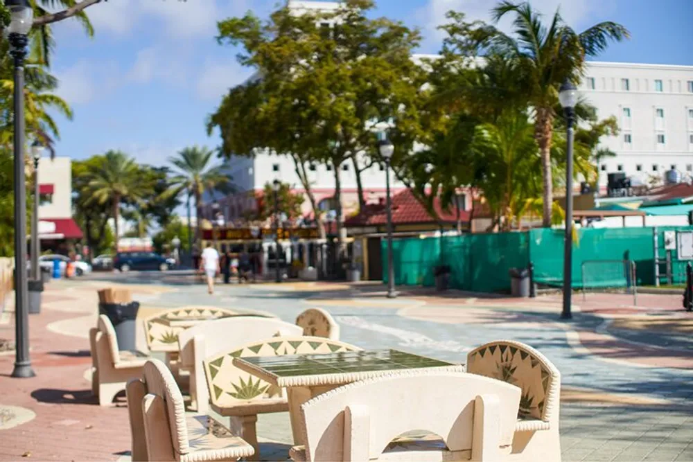 The photo depicts a sunny day on a palm-lined street with decorative concrete benches in the foreground evoking a relaxed tropical urban atmosphere