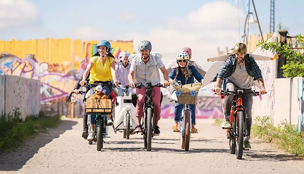 A group of smiling people with one child are enjoying a sunny bike ride together wearing helmets for safety