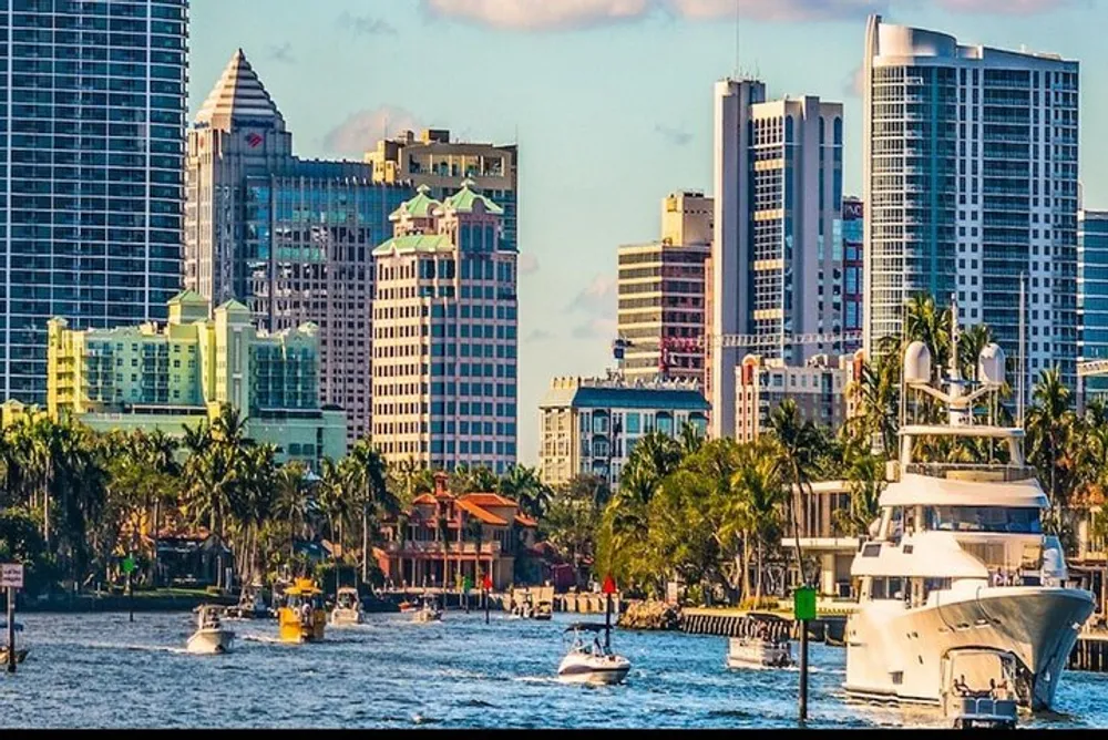 The image shows a vibrant waterfront scene with a luxurious yacht and smaller boats cruising in front of a skyline of modern high-rise buildings and palm trees