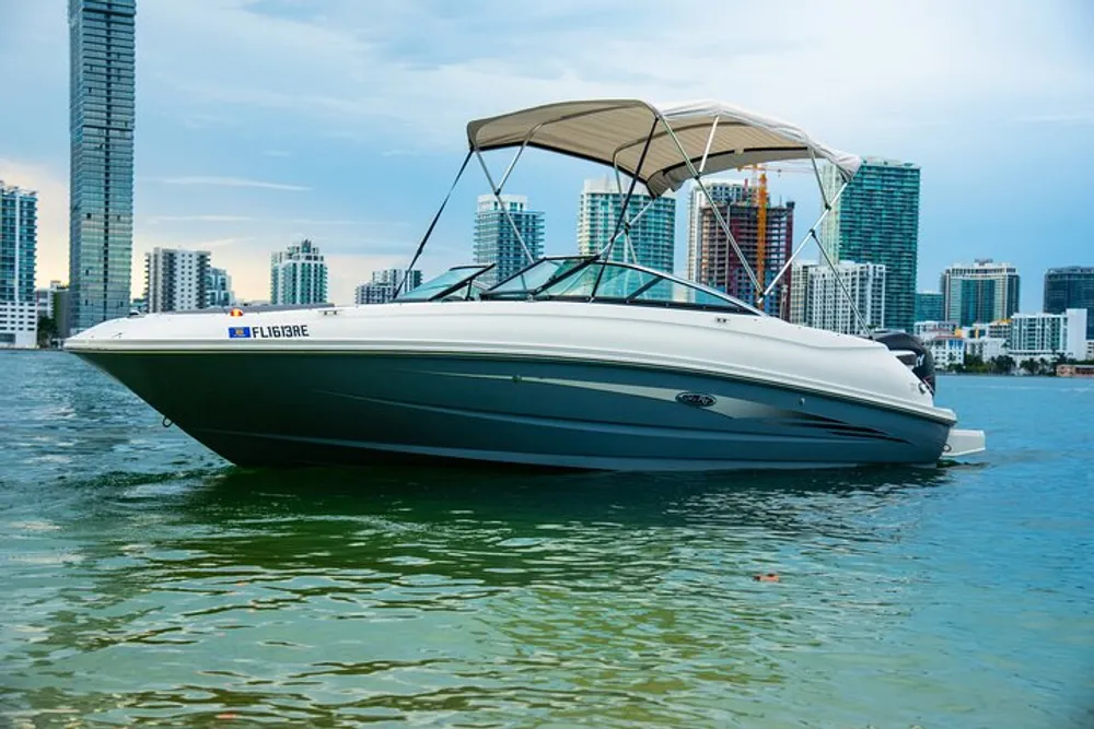A motorboat with a canopy is floating on calm waters with a city skyline in the background