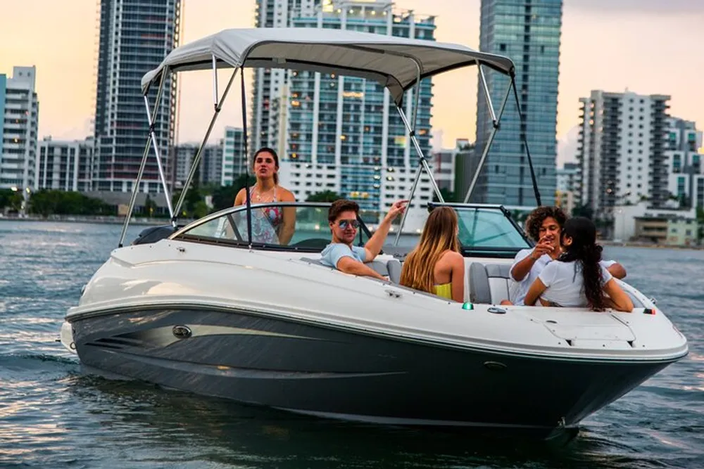 A group of people are enjoying a boat ride near a city skyline at dusk
