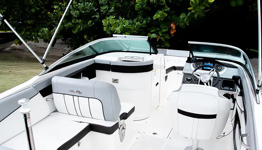 The image shows an unoccupied Sea Ray brand motorboat with white upholstery, moored near some foliage.