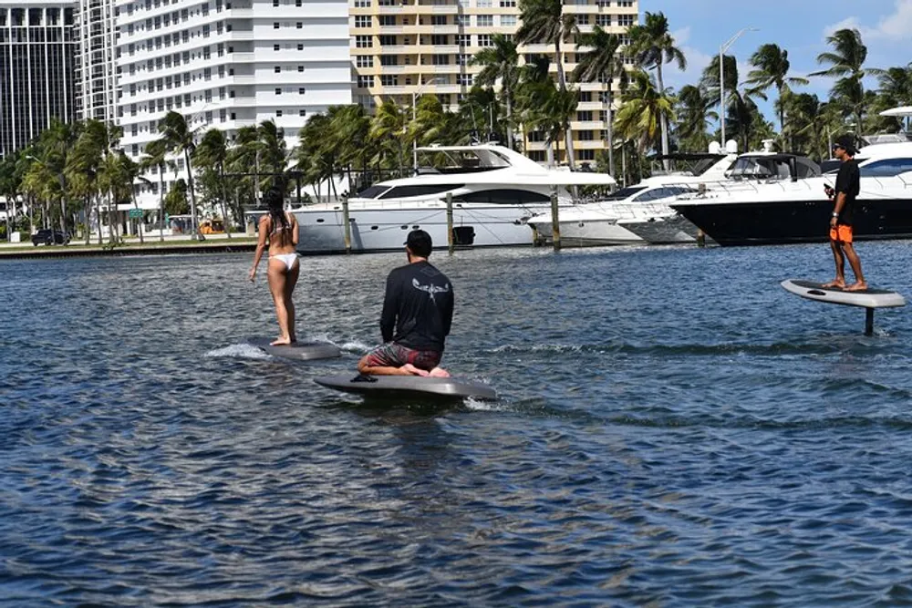 Three people are riding hydrofoil boards on the water in front of docked yachts and a palm-lined waterfront