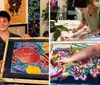 Two individuals are holding up colorful paintings of fish with smiles on their faces possibly having completed an art class or workshop