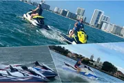 The image is a collage of three photos showing people riding jet skis near a coastal cityscape with high-rise buildings in the background.