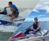 The image is a collage of three photos showing people riding jet skis near a coastal cityscape with high-rise buildings in the background