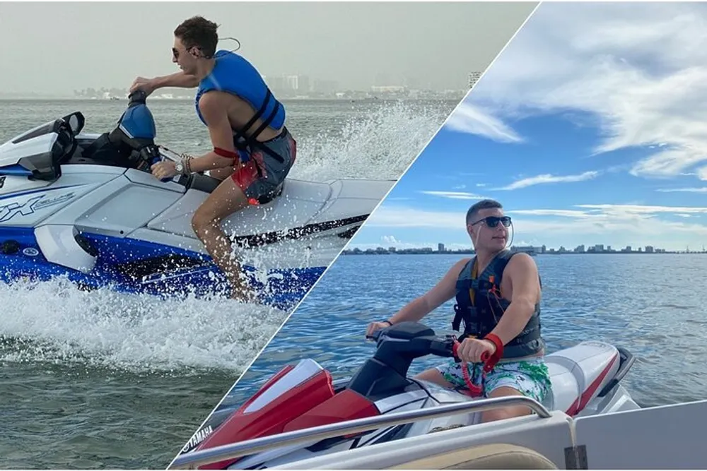 The image is a collage of two photos showing individuals riding jet skis on a body of water with one showing a dynamic action shot and the other a more relaxed pose