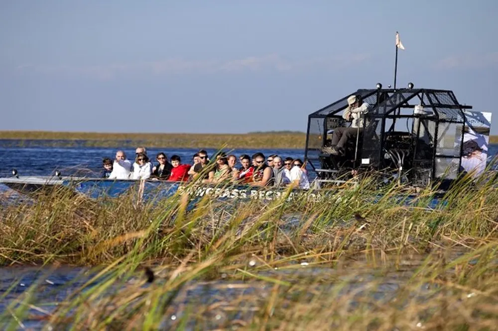 A group of people are taking a ride on an airboat through a marshy area with tall grass in the foreground