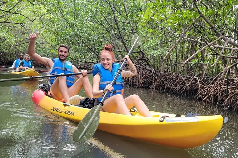 Two people are smiling and kayaking together through a mangrove forest