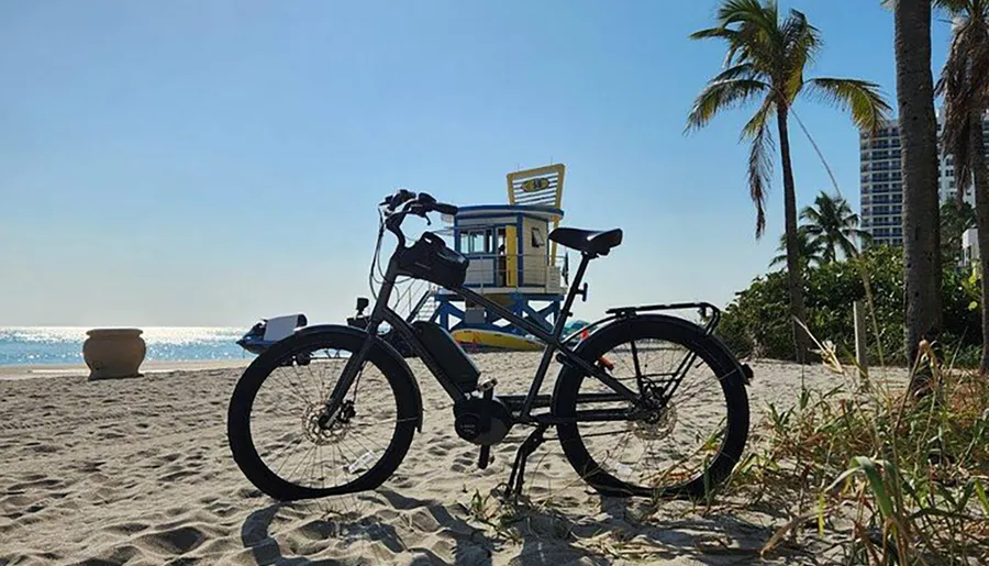 A bicycle is silhouetted against a sunny beach backdrop featuring palm trees and a colorful lifeguard tower.